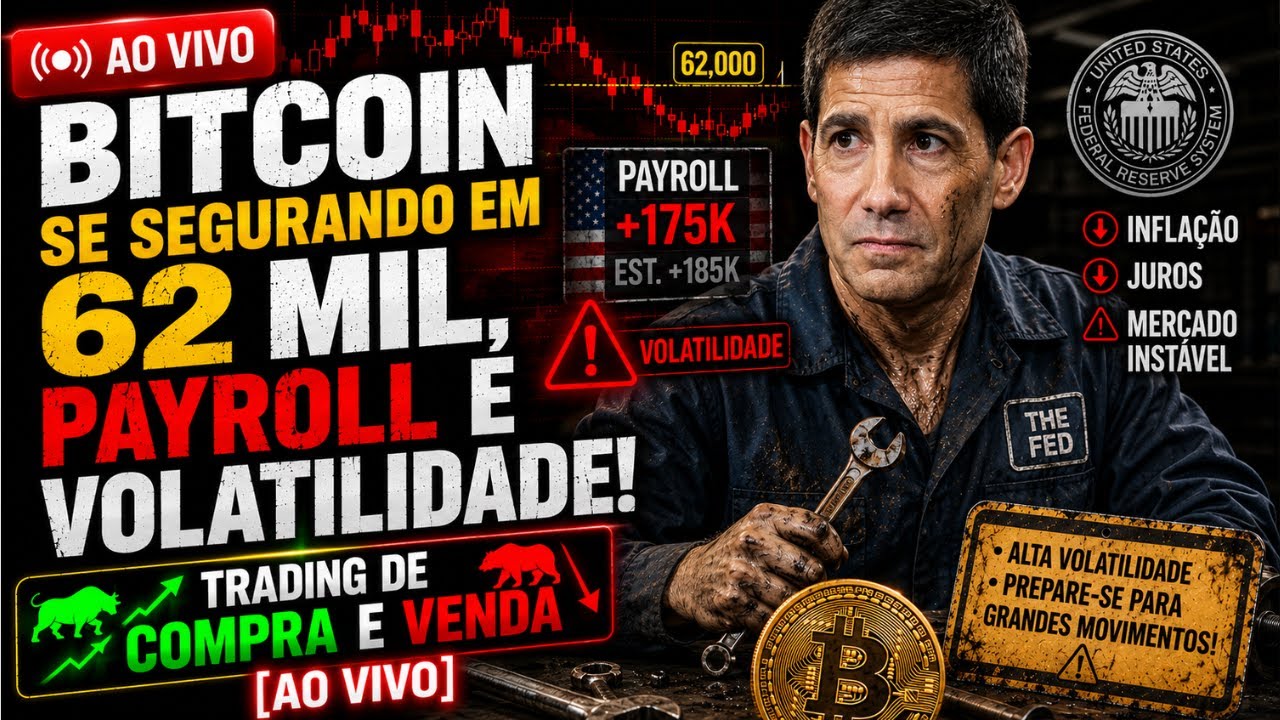 URGENTE: BITCOIN SE SEGURANDO EM 62 MIL, ACABOU AS QUEDAS? PAYROLL, VOLATILIADE COMRPAS E VENDAS!