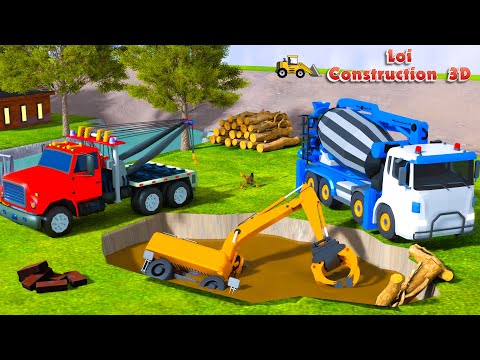 Log Handler sinks in mud pit - Crane, Cement Mixer rescue and build lake | 3D Construction Vehicles