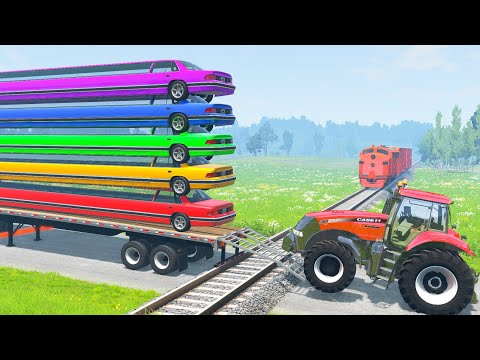 Five Limousine Long Cars Flatbed Trailer Tractor Truck Car Rescue - Cars vs Train and Rails - BeamNG