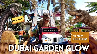 Walking Tour at Dubai Garden Glow NEW Location! Dinosaur Park & Fantasy Park Attractions in 4K