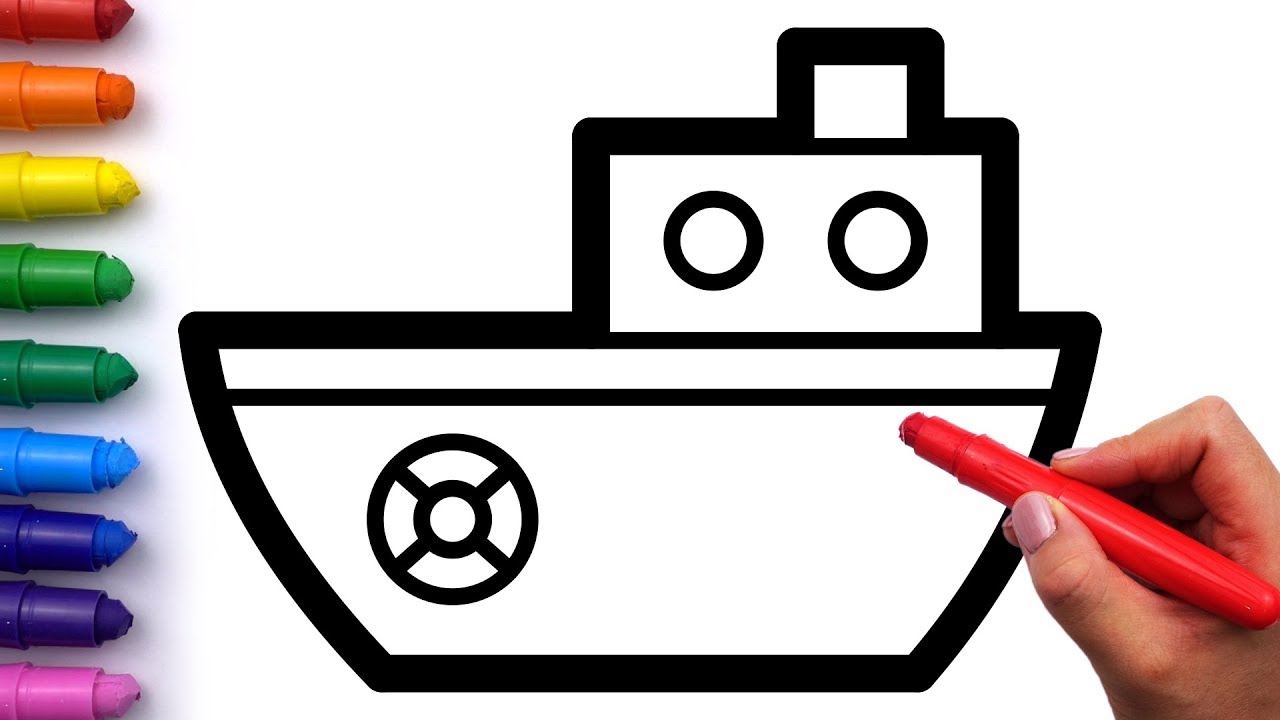 TOY BOAT DRAWING AND COLORING PAGES WITH CRAYONS FOR KIDS LEARN COLORS HOW TO DRAW