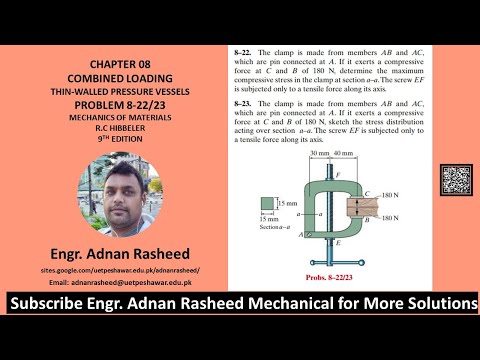 8-22 Determine maximum compressive stress in clamp at section a – a | Mech of materials rc Hibbeler