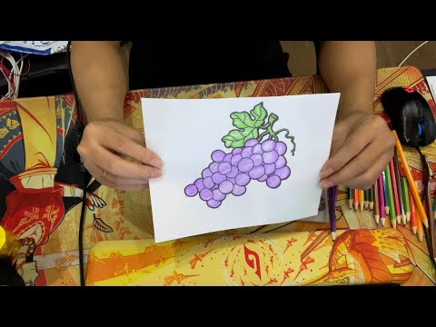 Color and complete the picture of a bunch of grapes with lots of fruit and leaves