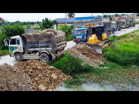 Amazing!Start Project LANDFILL BY Expert Skill Driver 5T Trucks Unloading soil &Dozer KOMATSU DR51PX