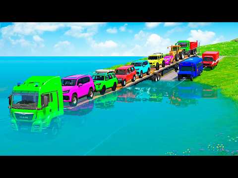 Triple Flatbed Trailer McQueen Transportation with Truck - Speedbumps vs Cars vs Train - BeamNG #33