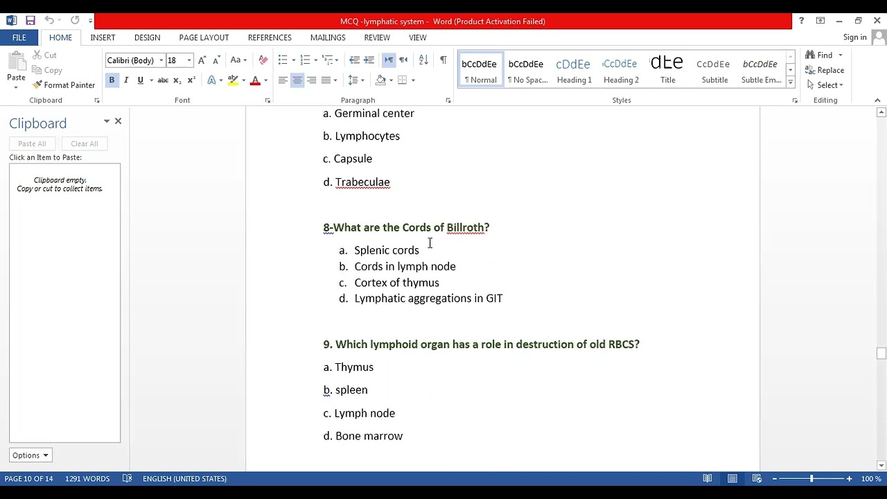 Histology MCQ on Lymphatic System