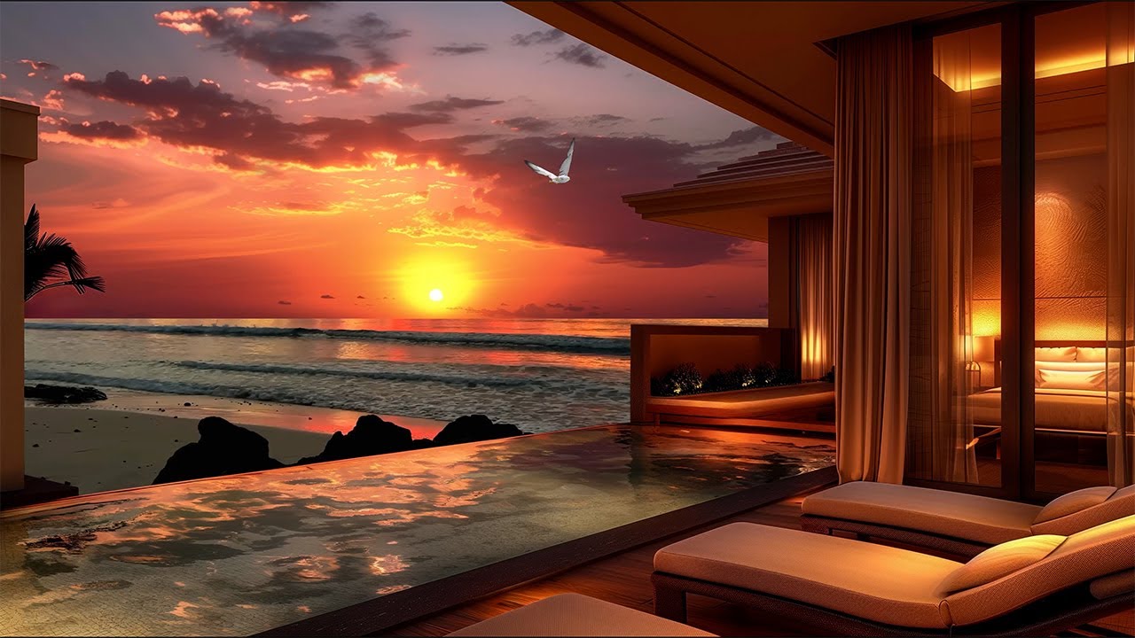 Luxurious Coastal Evening in Cozy Villa 4K with Pool. Charming Sunset Vibes with Smooth Jazz Music