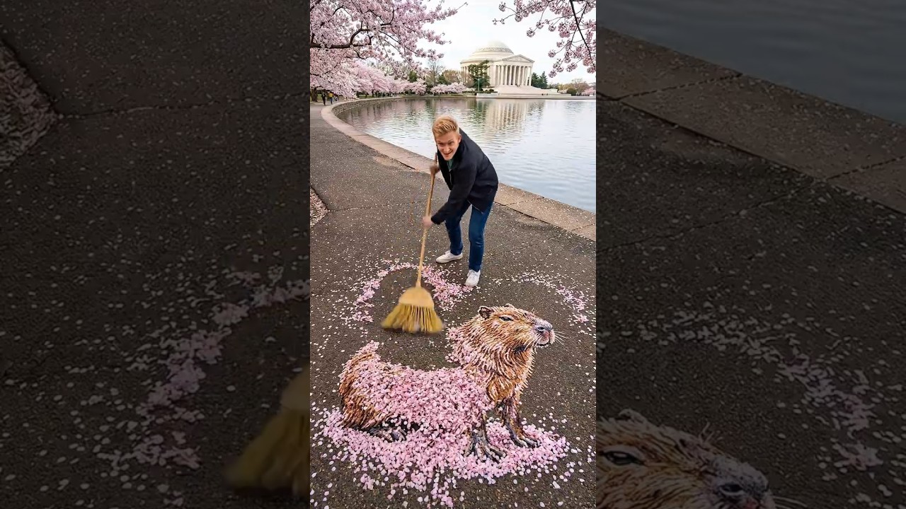 Sweeping 10,000 Cherry Blossom Petals 🌸🧹#capybara