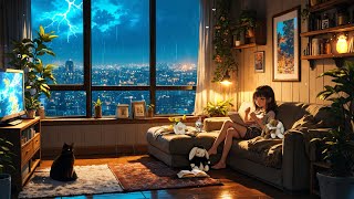 Cozy Lofi Thunderstorm Night 🌩 Warm Room Ambience to Study, Read & Relax | Rainy City Focus Beats