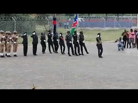 The Namibian Police National Colour marching during the innaguration of Oshana Regional Police HQ.