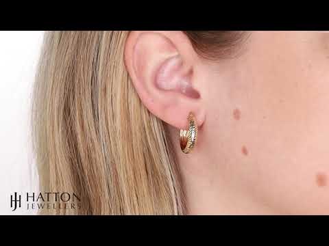 9ct Yellow Gold Half Diamond Cut Half Plain Hoop Earrings - 19mm