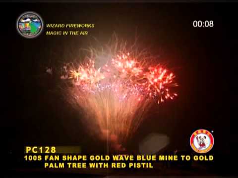 PC128 Fan Shape Gold Wave Blue Mine To Gold Palm Tree With Red Pistil 100 ran