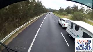 Car and Caravan lose control after overtaking Truck