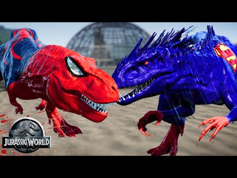 Spiderman Indominus REX, Venom, Captain America, Iron Man Dino Fight - Jurassic World Evolution