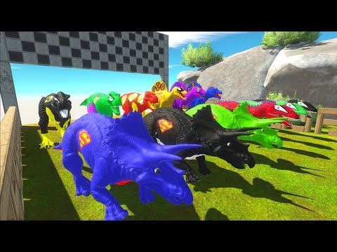 Carcharodontosaurus vs Triceratops vs Spino vs T-rex Superheroes Dc Marvel Speed Race Championship