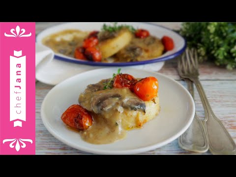 MY MUSHROOM GRAVY AND ROASTED TOMATOES POLENTA CAKES