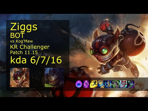 Ziggs Bot vs Kog'Maw - KR Challenger 6/7/16 Patch 11.15 Gameplay // [롤] 직스 vs 코그모