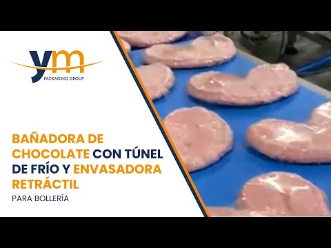 Bañadora de Chocolate automática con túnel de frío y Envasadora Retráctil para bollería