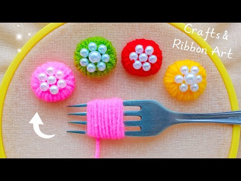 It's so Cute 💖🌟 Superb Woolen Flower Making Trick with Fork - New Amazing Woolen Flower Ideas