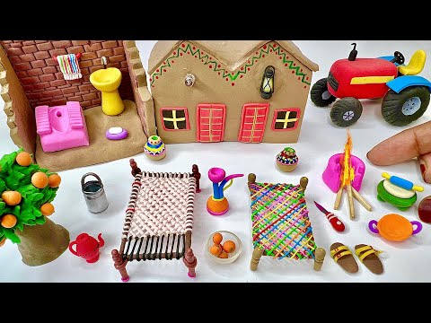DIY How to make polymer clay miniature Village House, Washroom Set, Kitchen Set, Tree, Charpai