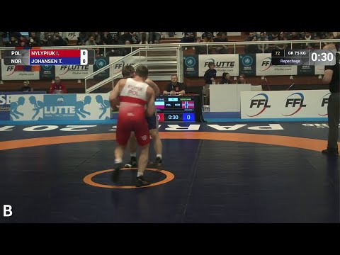 Repechage GR - 75 kg: I. NYLYPIUK (POL) df. T. JOHANSEN (NOR) by TF, 9-0