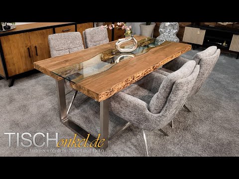 Moderner Holz Esstisch Old Elements - Massives Unikat mit Glasdetails & Edelstahlgestell