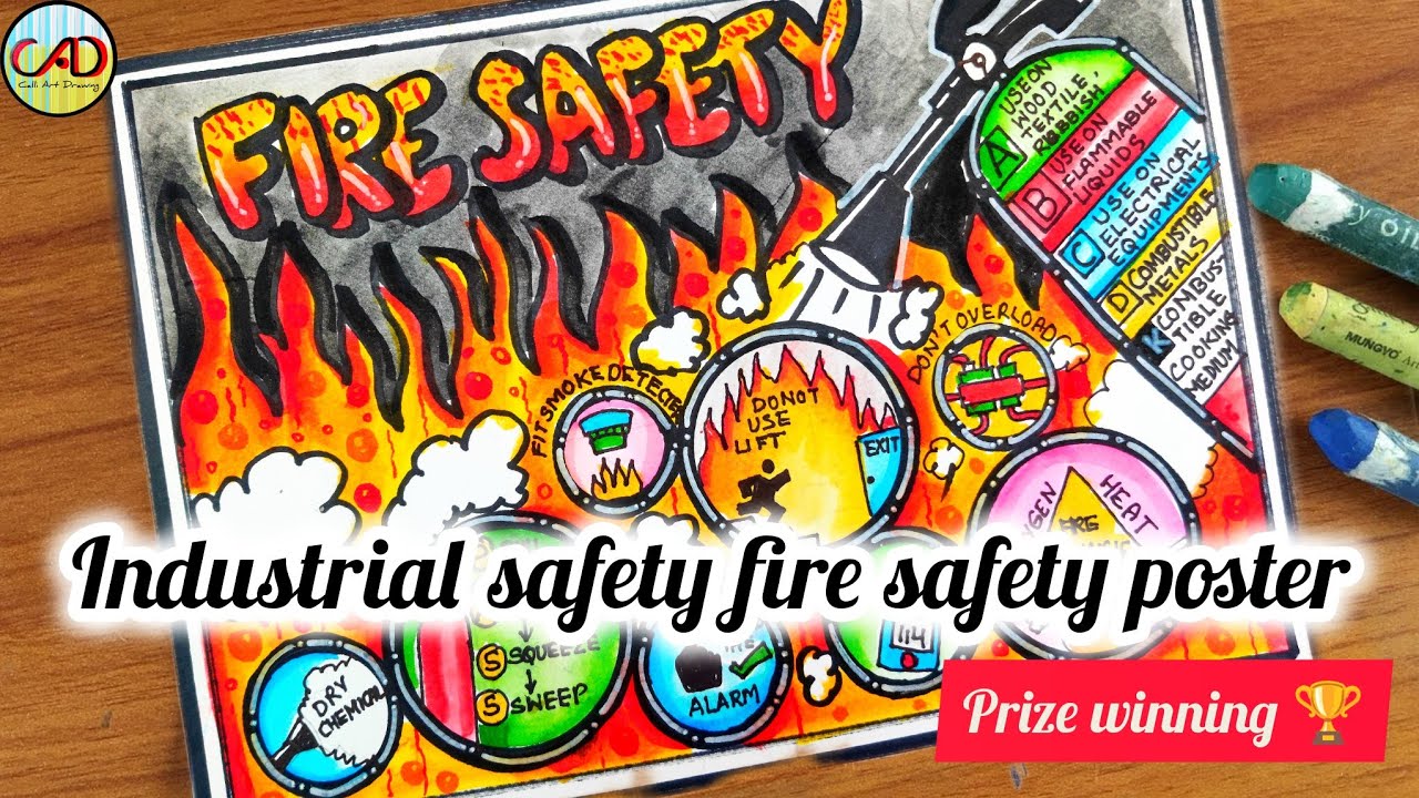 Safety drawing/fire safety poster drawing/Industrial safety drawing/firefighter with fire truck