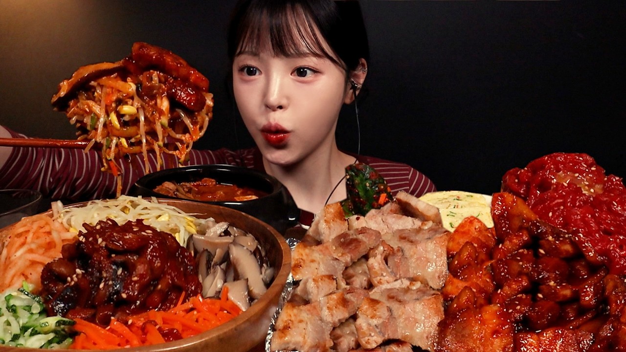 SUB)노릇노릇 삼겹살구이에 낙지비빔밥 먹방! 육회 차돌된장찌개 고추장삼겹살까지 집밥 한식 꿀조합 Bibimbap Homemade Meal Mukbang Asmr