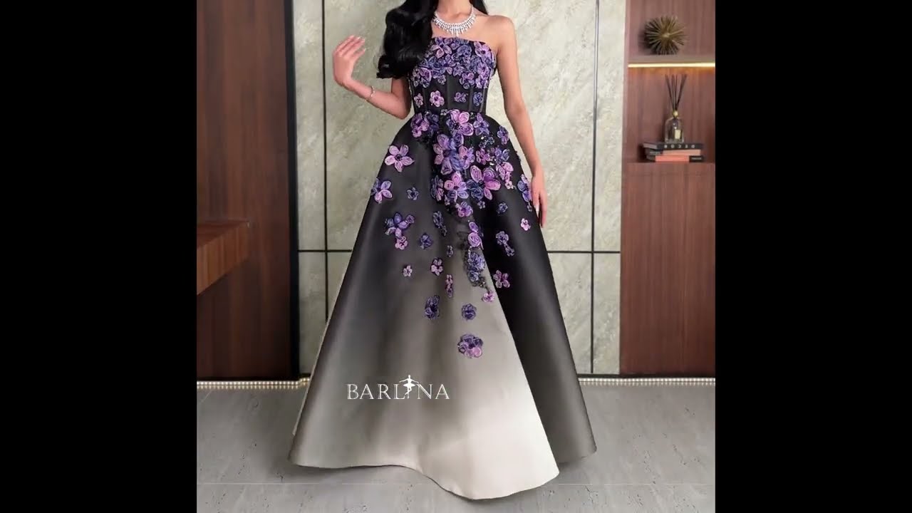 فستان كورسيه أسود متدرج بورود بنفسجية - XXL