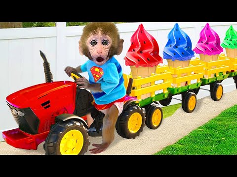 Bebé Mono Bon Bon conduce para llevar comida a sus amigos la vaca y el pato en la granja
