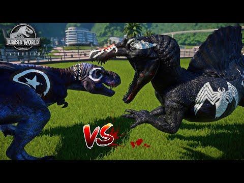 Venom Spinosaurus Vs Captain America T-Rex Jurassic World Evolution Dinosaurs Fighting & Breakout