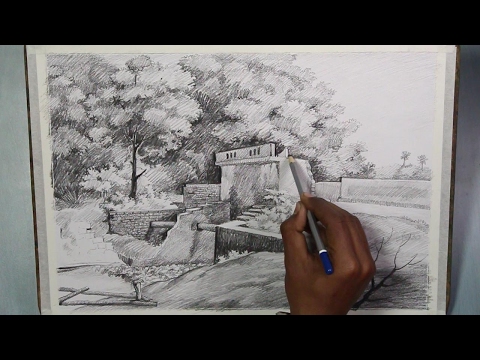 Mountains and Pine Tress Watercolor Pencil Landscape Drawing | steps to follow