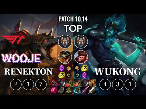 T1 Wooje Renekton vs Wukong Top - KR Patch 10.14