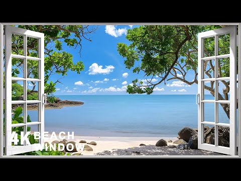 4K HDR Tropical Beach Window View - Gentle Ocean Wave Sounds & Bird Singing - Relaxing Nature Video