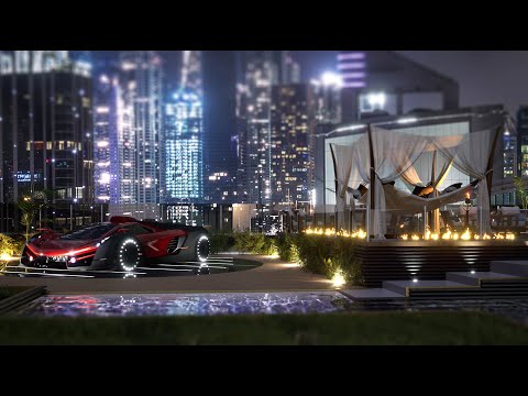 Relax On A Magnificent Cyberpunk Style Roof Terrace | Dubai | Wind, Water & Distant City Sounds |