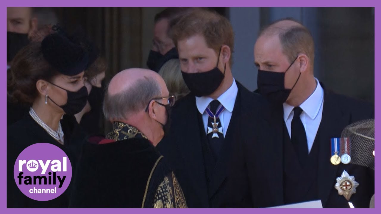 Prince Harry and William Walk Together as Royal Family Departs Prince Philip's Funeral - YouTube