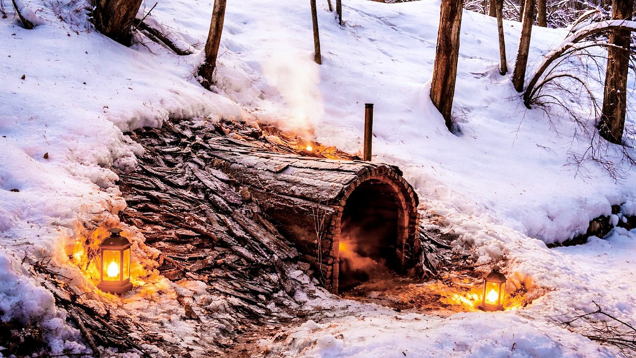 Building a Warm and Cozy Dugout for Survival. Log Shelter, Secret cave in the hill. Winter Bushcraft
