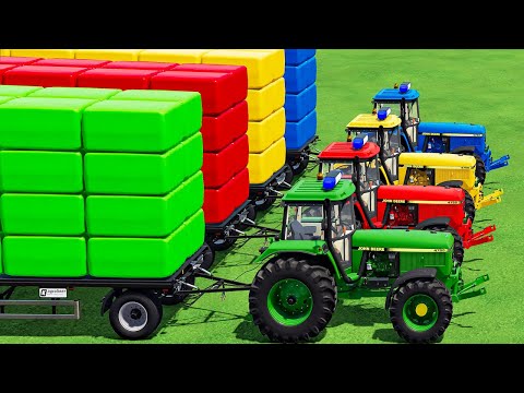 Small Tractor of Colors! Grass Bale Harvest with John Deere Tractors & Auto Loader Trailer! FS22