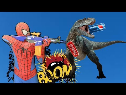 Spiderman Vs T-REX Get the drink, COCA COLA VS PEPSI CHALLENGE! w/ superhero in real life #1