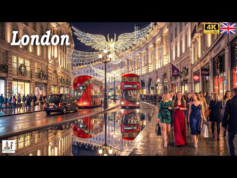 London Night Walk Christmas 2025 🎄 Festive Crowds & Illuminated Holiday Streets | 4K