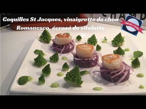 Recette de Coquilles St Jacques, vinaigrette de chou Romanesco, écrasé de vitelotte