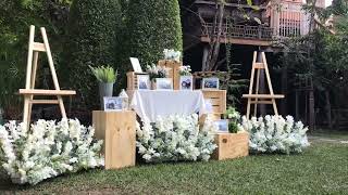 ซุ้มดอกไม้ พิธีสงฆ์ ฉากถ่ายรูปงานแต่ง ซุ้มแต่งงาน พิธีรดน้ำสังข์ พานขันหมาก ชุดตั่งรดน้ำสังข์สีขาว