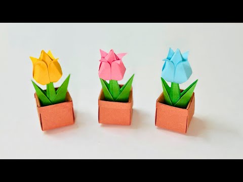 Mini Origami Tulip & Flower Pot | Paper Flower | Paper Craft Ideas | Easy Miniature Crafts