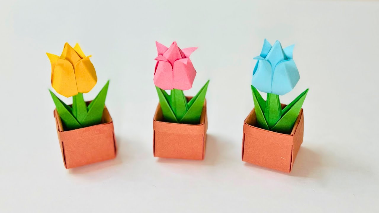 Mini Origami Tulip & Flower Pot | Paper Flower | Paper Craft Ideas | Easy Miniature Crafts