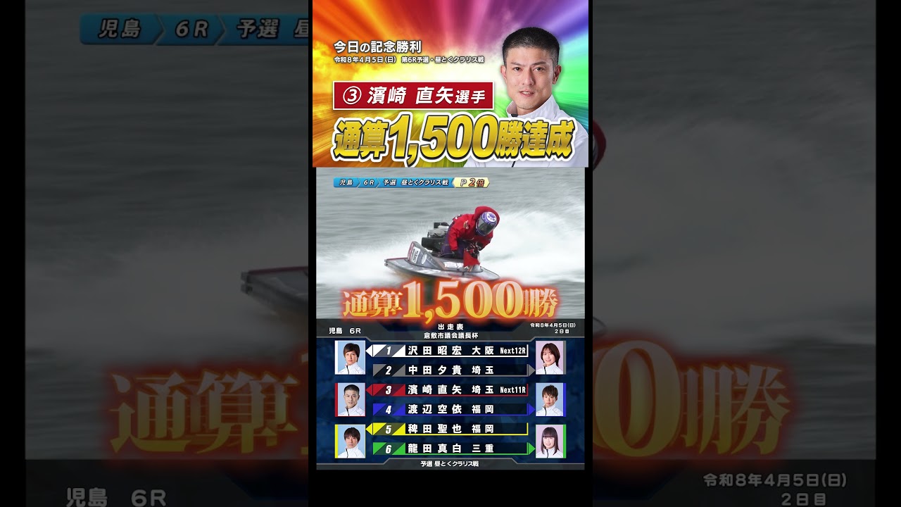 【通算1,500勝】③濱崎 直矢選手がついに達成！ #Shorts #ボートレース #児島