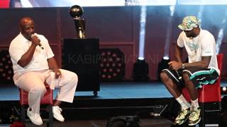 LeBron James is interviewed at the NBA Championship Parade in AmericanAirlines Arena