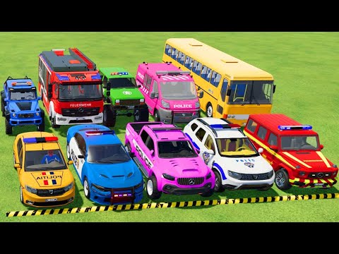 TRANSPORTING POLICE CARS, AMBULANCE, FIRE TRUCK, COLORFUL CARS WITH TRAIN -FARMING SIMULATOR 22!