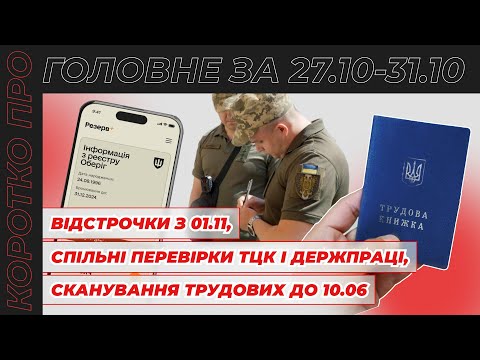 відео прев’ю для Відстрочки через «Резерв+» і ЦНАП, бронювання по-новому, спільні перевірки ТЦК і Держпраці та сканування трудових до 10.06. Коротко про головне за тиждень 27.10–31.10.2025