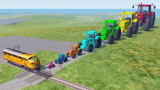 Big & Small Tractor Cars vs Train - BeamNG.Drive