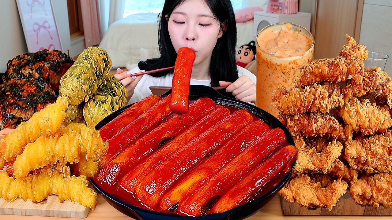 ASMR MUKBANG| 직접 만든 가래떡 떡볶이 후라이드 치킨 김말이 튀김 먹방 & 레시피 FRIED CHICKEN AND Tteokbokki EATING